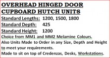 Overhead Hinged Door Hutch Units, Various Sizes, MM1 And Mm2 Melamine Colours